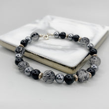 Load image into Gallery viewer, Black Rutilated Quartz + Obsidian Sterling Silver Bracelet