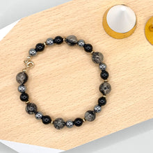 Load image into Gallery viewer, Black Rutilated Quartz + Obsidian Sterling Silver Bracelet