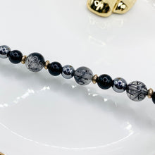 Load image into Gallery viewer, Black Rutilated Quartz + Obsidian Sterling Silver Bracelet
