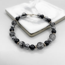 Load image into Gallery viewer, Black Rutilated Quartz + Obsidian Sterling Silver Bracelet