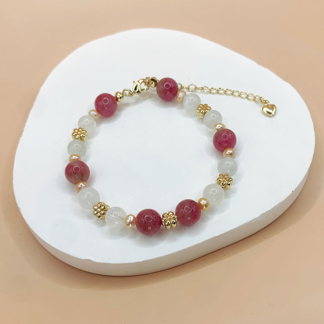 Dancing Roses Under Moonlight - Rose Quartz and Moonstone 14k Gold-Filled Handmade Bracelet