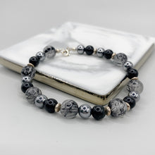 Load image into Gallery viewer, Black Rutilated Quartz + Obsidian Sterling Silver Bracelet
