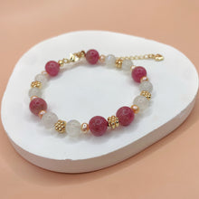 Load image into Gallery viewer, Dancing Roses Under Moonlight - Rose Quartz and Moonstone 14k Gold-Filled Handmade Bracelet
