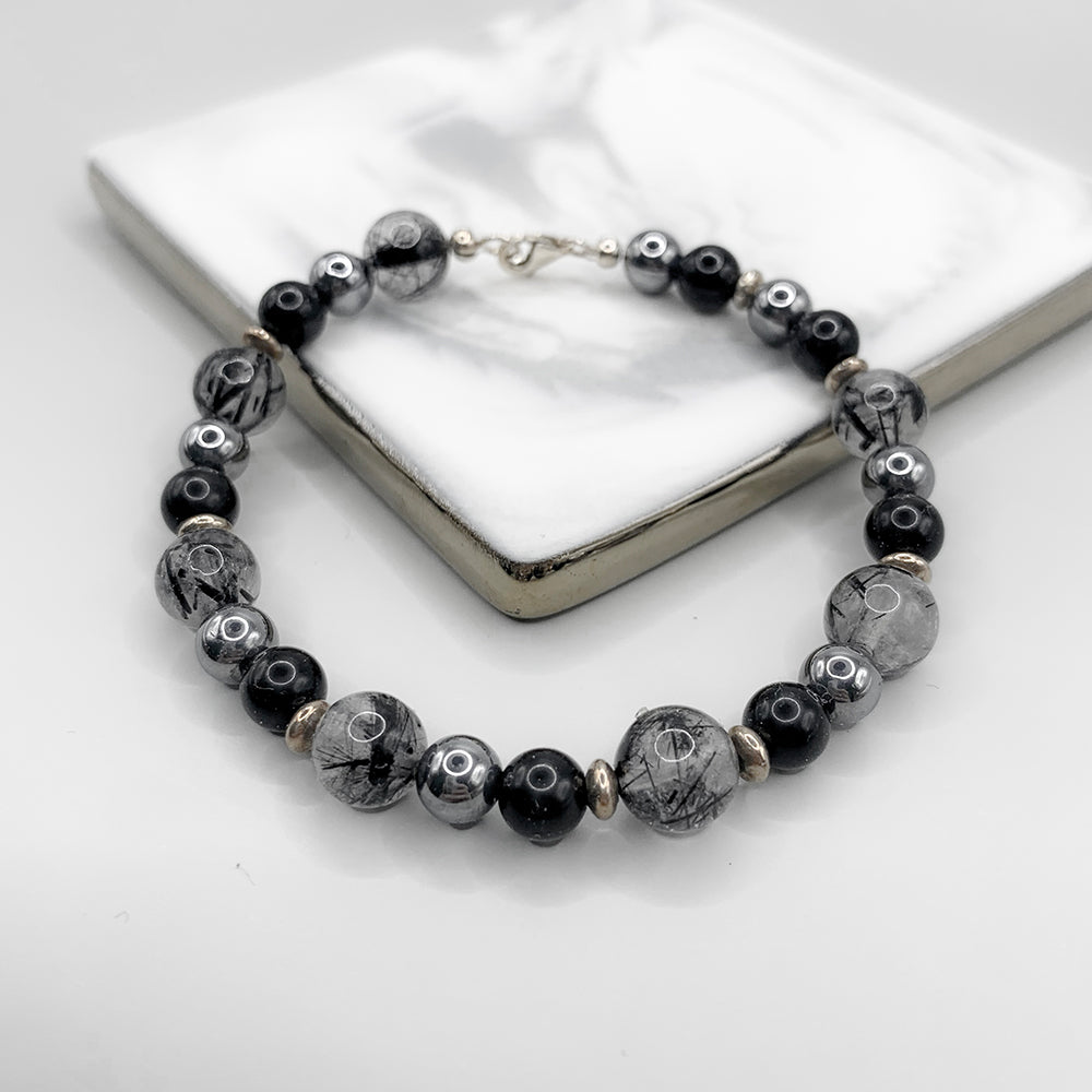Black Rutilated Quartz + Obsidian Sterling Silver Bracelet