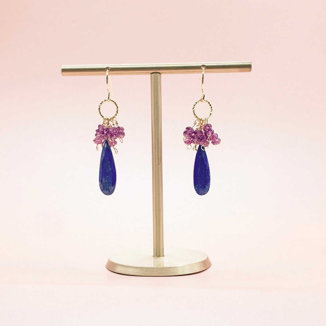 Drop shaped Lapis Lazuli & Garnet 14KGF Earrings